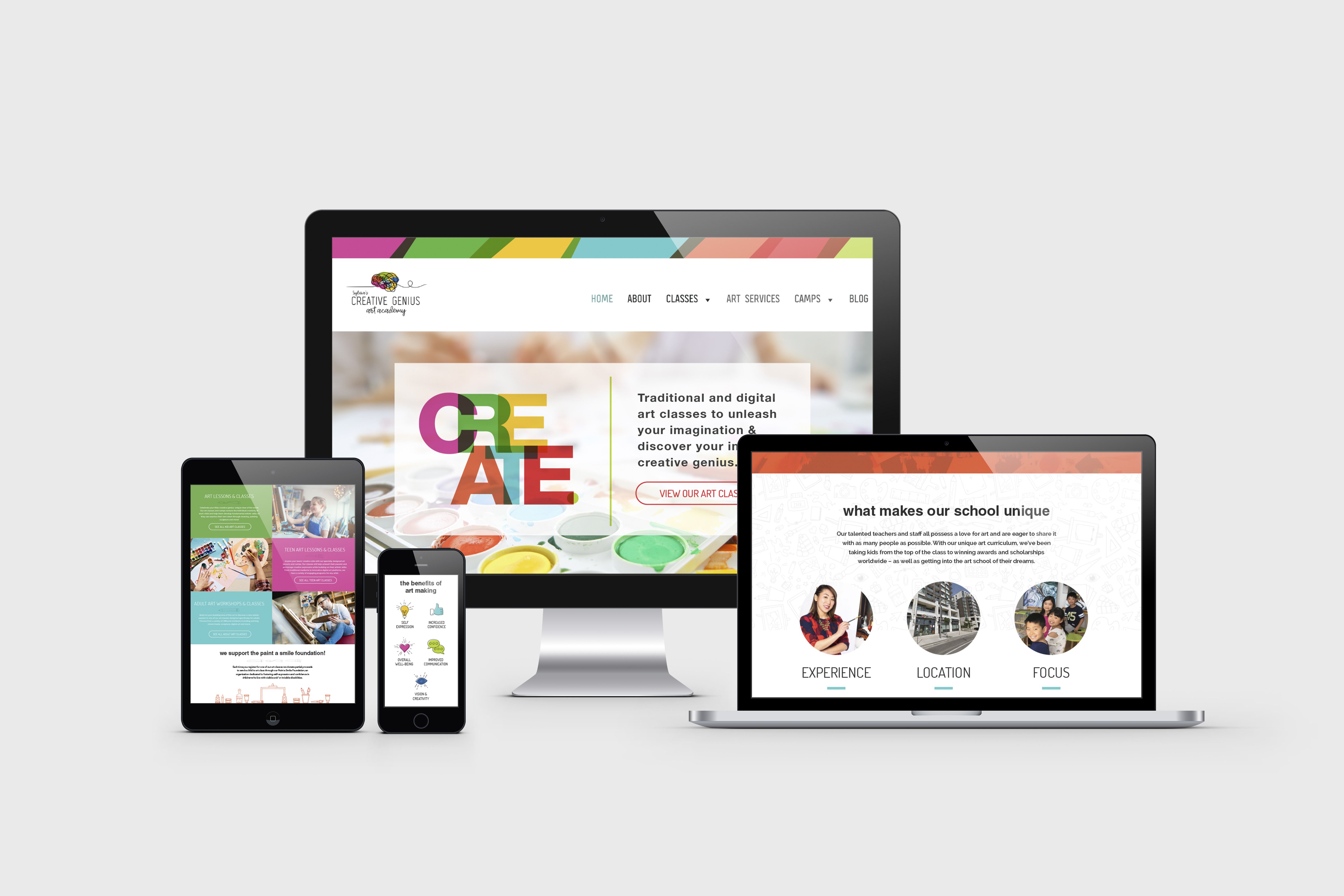 Logo Design, business branding & website for Creative Genius Art Academy, a boutique art studio and art school based in Markham, Ontario