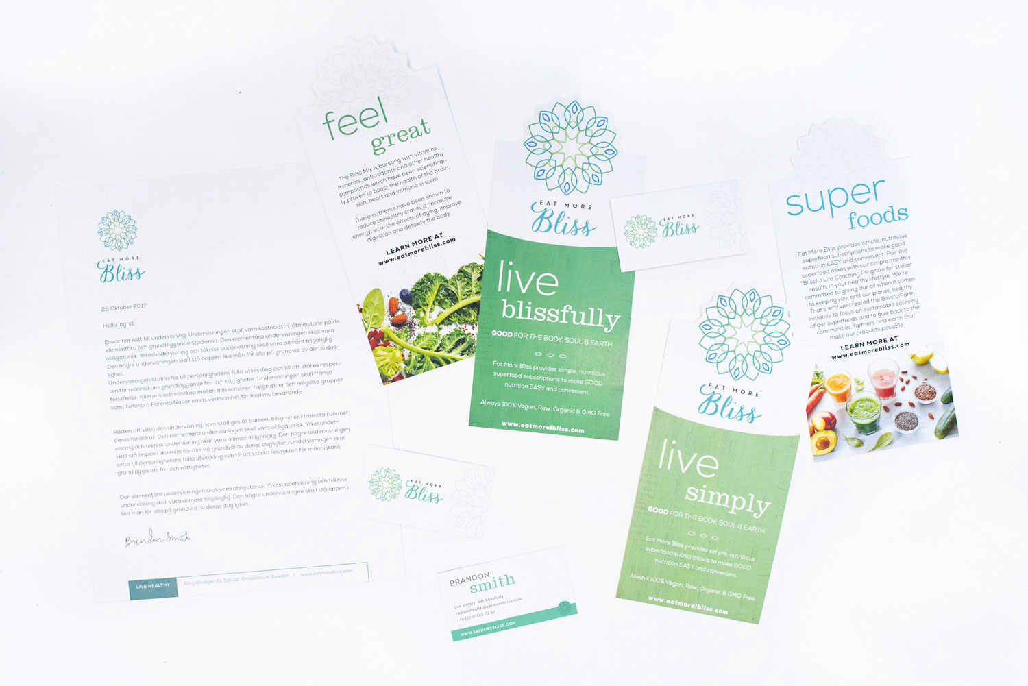Eat More Bliss - Simple Healthy Superfoods - Packaging Design, Health Food Branding, Organic Food Logo Design, Health and Wellness Company Logo Design, Stationery Design